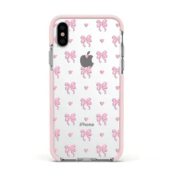 Pink Bow And Heart IPhone Case -CaseCraze Store Pink Bow and Heart Apple iPhone Xs Impact Case Pink Edge on Silver Phone