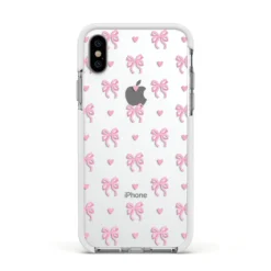 Pink Bow And Heart IPhone Case -CaseCraze Store Pink Bow and Heart Apple iPhone Xs Impact Case White Edge on Silver Phone