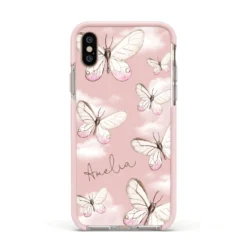 Pink Butterflies Personalised IPhone Case -CaseCraze Store Pink Butterflies Personalised Apple iPhone Xs Impact Case Pink Edge on Gold Phone