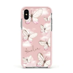 Pink Butterflies Personalised IPhone Case -CaseCraze Store Pink Butterflies Personalised Apple iPhone Xs Impact Case Pink Edge on Silver Phone