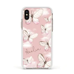 Pink Butterflies Personalised IPhone Case -CaseCraze Store Pink Butterflies Personalised Apple iPhone Xs Impact Case White Edge on Gold Phone
