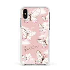 Pink Butterflies Personalised IPhone Case -CaseCraze Store Pink Butterflies Personalised Apple iPhone Xs Impact Case White Edge on Silver Phone