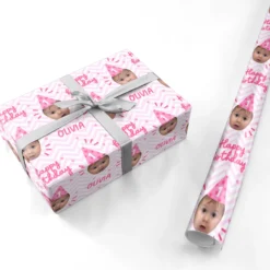 Pink Happy Birthday Personalised Face Wrapping Paper -CaseCraze Store Pink Happy Birthday Personalised Face Personalised Wrapping Paper