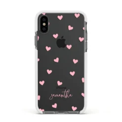 Pink Hearts With Custom Name IPhone Case 37 Pink Hearts With Custom Name IPhone Case -CaseCraze Store Pink Hearts with Custom Name Apple iPhone Xs Impact Case White Edge on Black Phone