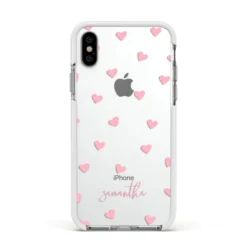 Pink Hearts With Custom Name IPhone Case 35 Pink Hearts With Custom Name IPhone Case -CaseCraze Store Pink Hearts with Custom Name Apple iPhone Xs Impact Case White Edge on Silver Phone