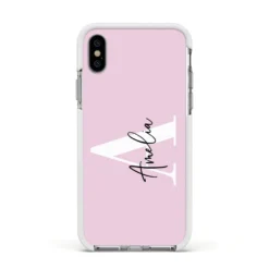 Pink Personalised Initial Name IPhone Case -CaseCraze Store Pink Personalised Initial Name Apple iPhone Xs Impact Case White Edge on Silver Phone