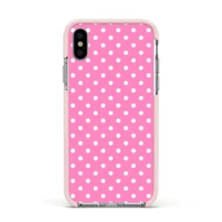 Pink Polka Dot IPhone Case 35 Pink Polka Dot IPhone Case -CaseCraze Store Pink Polka Dot Apple iPhone Xs Impact Case Pink Edge on Silver Phone