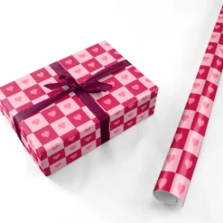 Pink And Red Checker Heart Wrapping Paper -CaseCraze Store Pink and Red Checker Heart Personalised Wrapping Paper