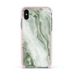 Pistachio Green Marble IPhone Case -CaseCraze Store Pistachio Green Marble Apple iPhone Xs Impact Case Pink Edge on Silver Phone