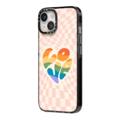Pride IPhone Case -CaseCraze Store Pride iPhone 14 Black Impact Case Side Angle on Silver phone
