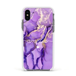 Purple Marble IPhone Case -CaseCraze Store Purple Marble Apple iPhone Xs Impact Case White Edge on Black Phone
