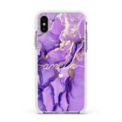 Purple Marble IPhone Case -CaseCraze Store Purple Marble Apple iPhone Xs Impact Case White Edge on Silver Phone