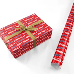 Red And White Birthday Text Pattern Wrapping Paper -CaseCraze Store Red and White Birthday Text Pattern Personalised Wrapping Paper