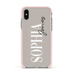 Stone Colour With Personalised Name IPhone Case -CaseCraze Store Stone Colour with Personalised Name Apple iPhone Xs Impact Case Pink Edge on Silver Phone