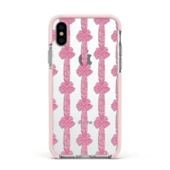 Striped Bow Pattern IPhone Case -CaseCraze Store Striped Bow Pattern Apple iPhone Xs Impact Case Pink Edge on Silver Phone