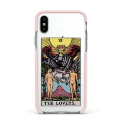 The Lovers Tarot Card IPhone Case -CaseCraze Store The Lovers Tarot Card Apple iPhone Xs Impact Case Pink Edge on Silver Phone