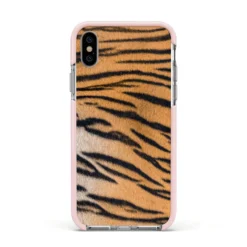 Tiger Print IPhone Case -CaseCraze Store Tiger Print Apple iPhone Xs Impact Case Pink Edge on Silver Phone