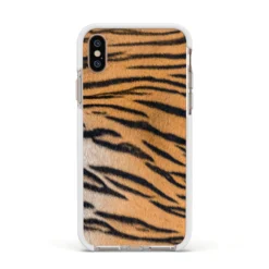 Tiger Print IPhone Case -CaseCraze Store Tiger Print Apple iPhone Xs Impact Case White Edge on Gold Phone