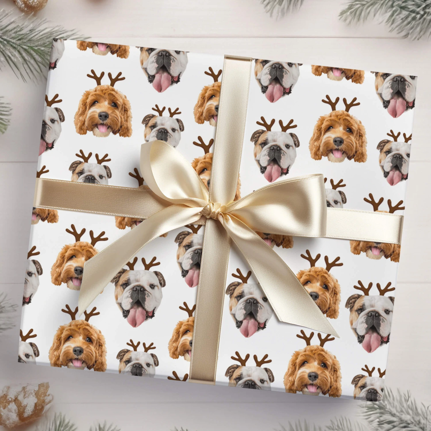 Two Dogs Personalised Photo Reindeer Christmas Wrapping Paper 1 Two Dogs Personalised Photo Reindeer Christmas Wrapping Paper