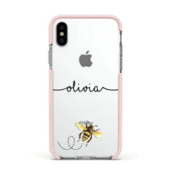 Watercolour Bee With Name IPhone Case -CaseCraze Store Watercolour Bee with Name Apple iPhone Xs Impact Case Pink Edge on Silver Phone