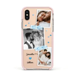 Wedding Snaps Collage With Blue Hearts And Name IPhone Case -CaseCraze Store Wedding Snaps Collage with Blue Hearts and Name Apple iPhone Xs Impact Case Pink Edge on Gold Phone