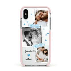Wedding Snaps Collage With Blue Hearts And Name IPhone Case -CaseCraze Store Wedding Snaps Collage with Blue Hearts and Name Apple iPhone Xs Impact Case Pink Edge on Silver Phone