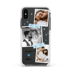 Wedding Snaps Collage With Blue Hearts And Name IPhone Case -CaseCraze Store Wedding Snaps Collage with Blue Hearts and Name Apple iPhone Xs Impact Case White Edge on Black Phone