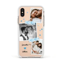 Wedding Snaps Collage With Blue Hearts And Name IPhone Case -CaseCraze Store Wedding Snaps Collage with Blue Hearts and Name Apple iPhone Xs Impact Case White Edge on Gold Phone