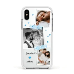 Wedding Snaps Collage With Blue Hearts And Name IPhone Case -CaseCraze Store Wedding Snaps Collage with Blue Hearts and Name Apple iPhone Xs Impact Case White Edge on Silver Phone