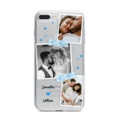 Wedding Snaps Collage With Blue Hearts And Name IPhone Case -CaseCraze Store Wedding Snaps Collage with Blue Hearts and Name iPhone 7 Plus Bumper Case on Silver iPhone
