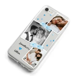 Wedding Snaps Collage With Blue Hearts And Name IPhone Case -CaseCraze Store Wedding Snaps Collage with Blue Hearts and Name iPhone 8 Bumper Case on Silver iPhone Alternative Image