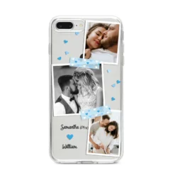 Wedding Snaps Collage With Blue Hearts And Name IPhone Case -CaseCraze Store Wedding Snaps Collage with Blue Hearts and Name iPhone 8 Plus Bumper Case on Silver iPhone