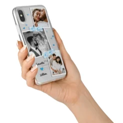 Wedding Snaps Collage With Blue Hearts And Name IPhone Case -CaseCraze Store Wedding Snaps Collage with Blue Hearts and Name iPhone X Bumper Case on Silver iPhone Alternative Image 2