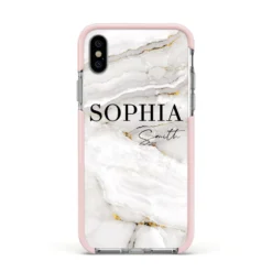 White And Gold Marble IPhone Case -CaseCraze Store White And Gold Marble Apple iPhone Xs Impact Case Pink Edge on Silver Phone