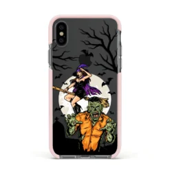 Witch Meets Zombie IPhone Case -CaseCraze Store Witch Meets Zombie Apple iPhone Xs Impact Case Pink Edge on Black Phone