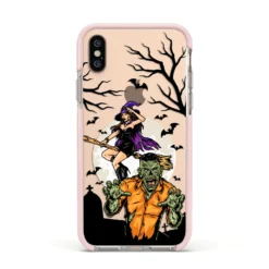 Witch Meets Zombie IPhone Case -CaseCraze Store Witch Meets Zombie Apple iPhone Xs Impact Case Pink Edge on Gold Phone