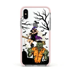 Witch Meets Zombie IPhone Case -CaseCraze Store Witch Meets Zombie Apple iPhone Xs Impact Case Pink Edge on Silver Phone